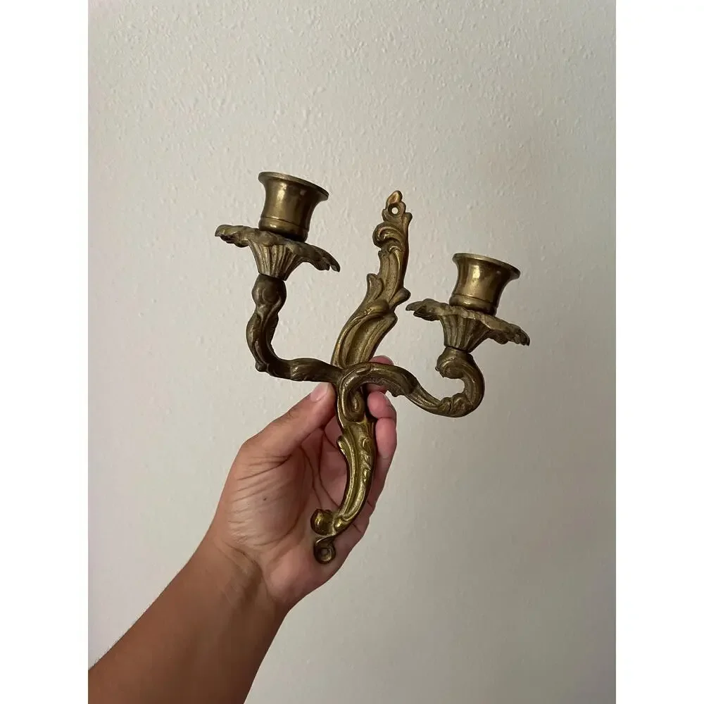 Vintage Ornate Cast Brass Double Arm Wall Candle Sconce Rococo Baroque Style